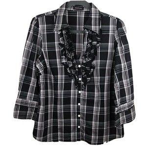 Spence Woman Black White Plaid Ruffle Button Front Top 3/4 Sleeve Women Large